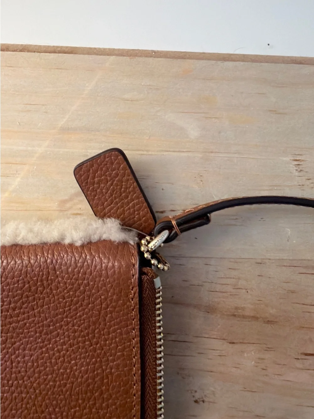 Coach Brown Leather Wristlet with Shearling Trim